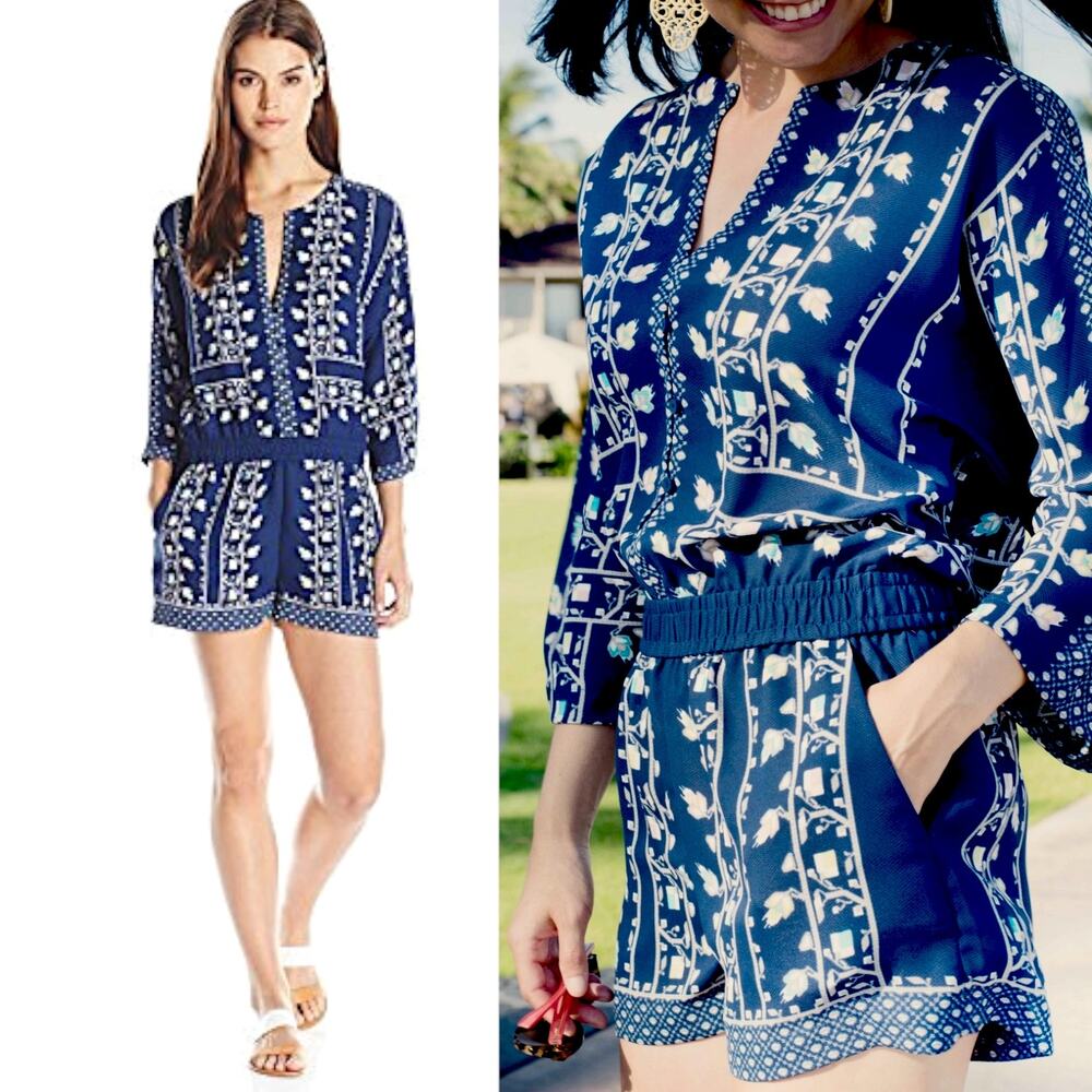 BCBGMAXAZRIA Danae Romper Floral Botanical Festival Coquette Beach LongSleeve
